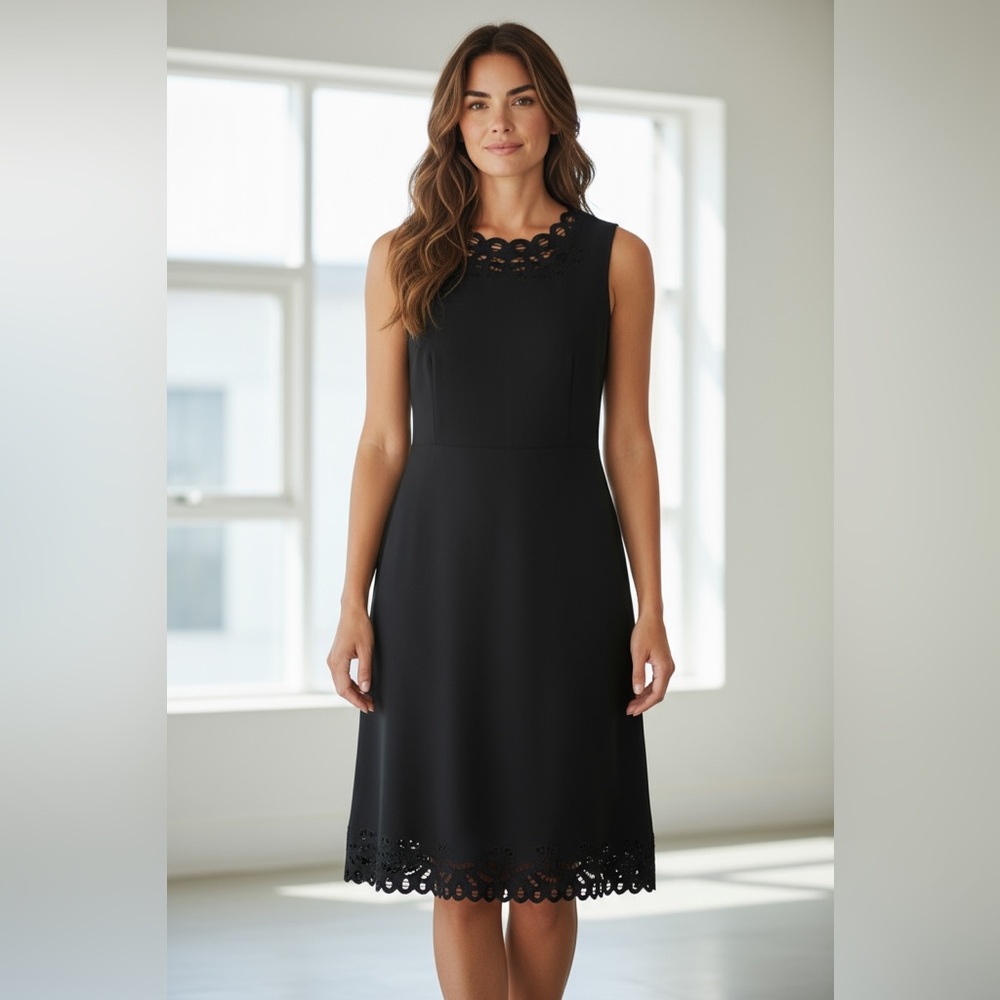 Talbots Black Sleeveless Midi Dress with Eyelet Trim – Size M